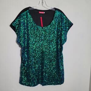 Kayamiya NWT green / blue front sequin cap sleeve lined blouse womans size XXL‎